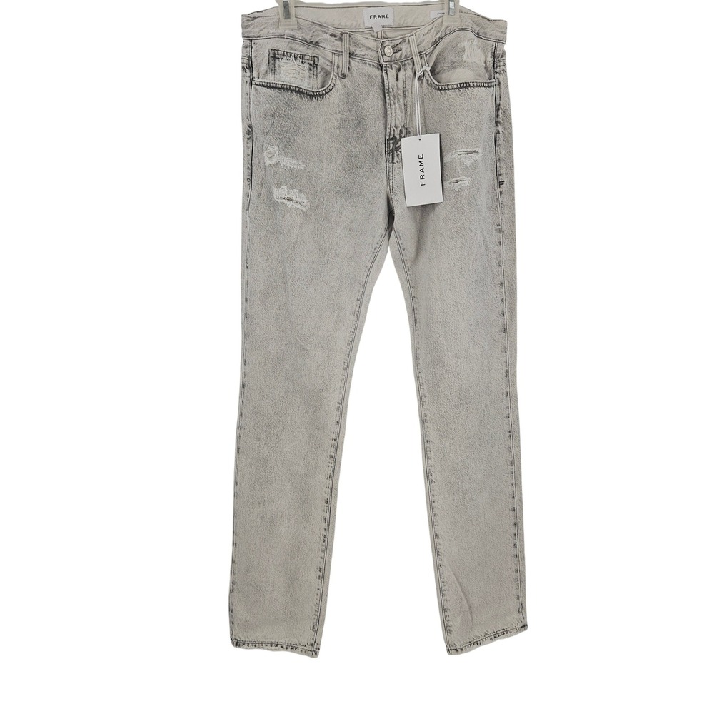 FRAME L'Homme Slim Jeans Gray Black Acid Wash Distressed Mid Rise Denim NWT 33